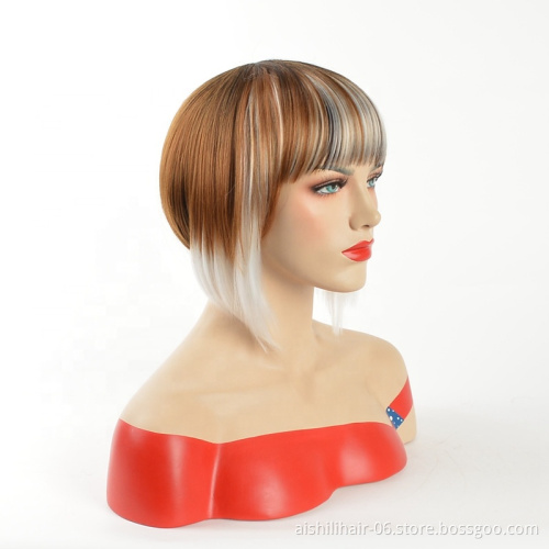 Wholesale Synthetic wigs short Silky straight blend color gold and brown and silver gray Wig for black women
